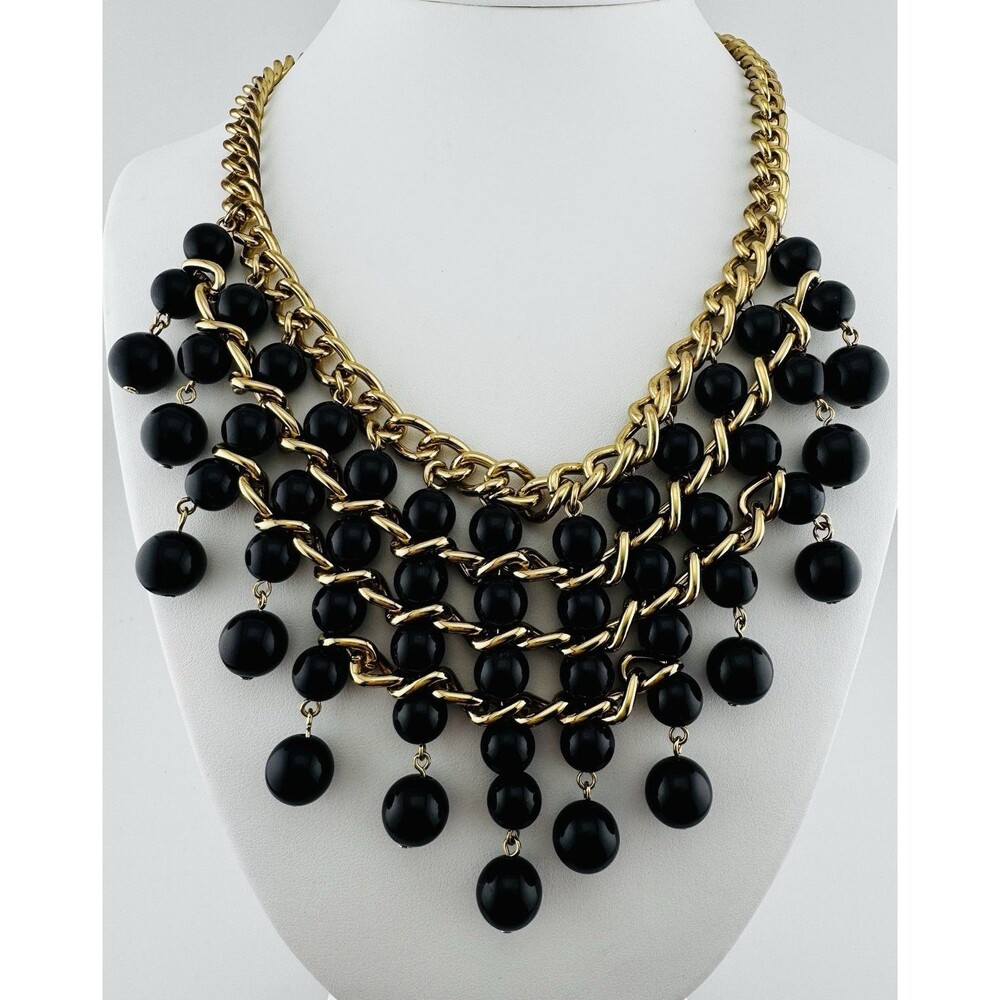 Amrita Singh Statement Necklace Bib Gold Tone Black Bead Fringe Runway Fashion